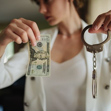 Woman holding cash and handcuffs in a tense moment of confrontation indoors