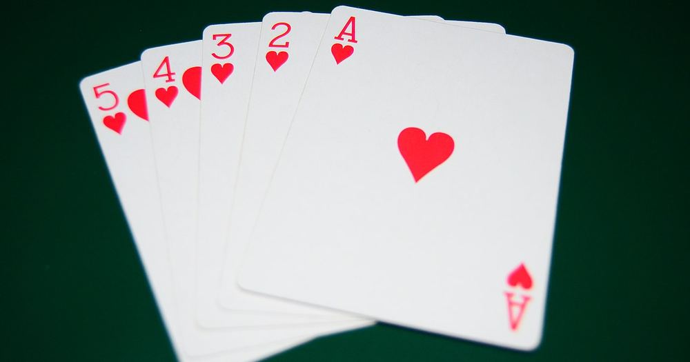 Straight Flush Poker Hand (Hearts - Ace to 5)