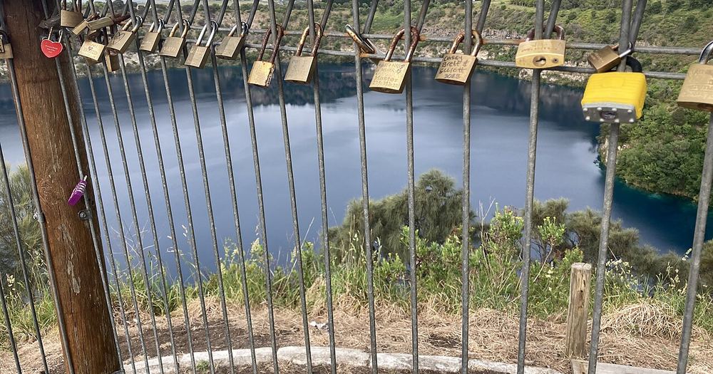 Blue Lake, Mount Gambier, South Australia - padlocks on lookout, November 2023 - 02
